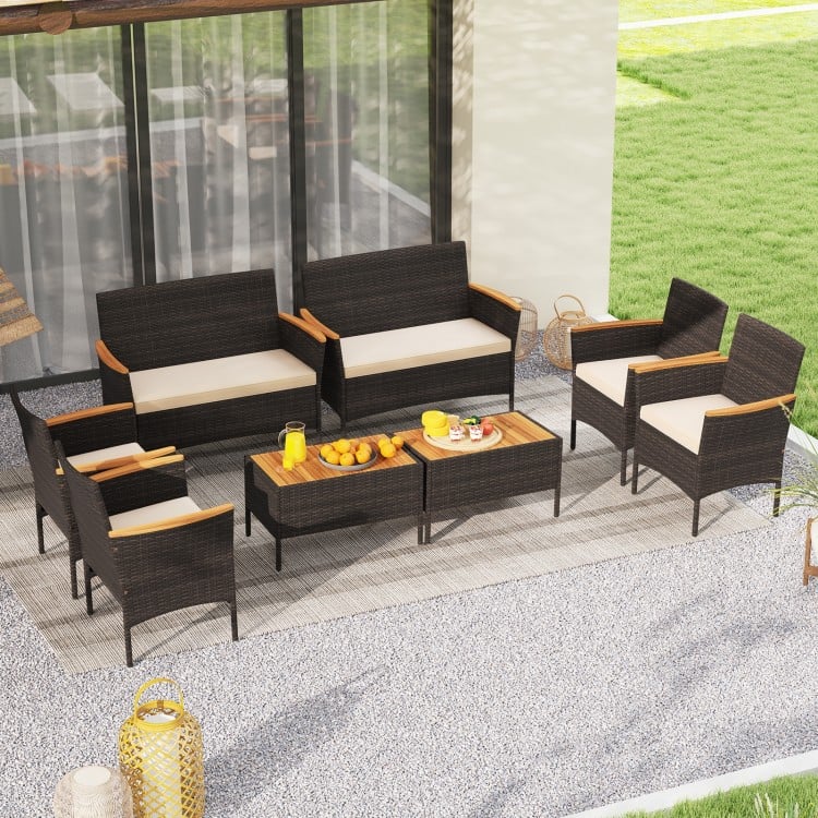 4 Piece Patio Wicker Sofa Set 2 Rattan Chairs and Loveseat with Table-Brown