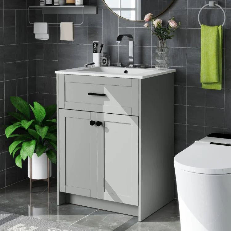 24-Inch Bathroom Vanity Unit with Ceramic Basin, Freestanding Storage Cabinet with 2 Doors, Gray