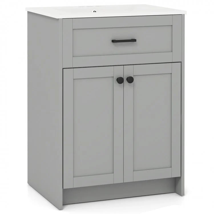 24-Inch Bathroom Vanity Unit with Ceramic Basin, Freestanding Storage Cabinet with 2 Doors, Gray
