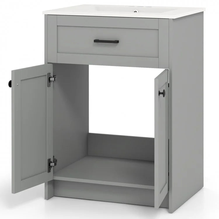 24-Inch Bathroom Vanity Unit with Ceramic Basin, Freestanding Storage Cabinet with 2 Doors, Gray