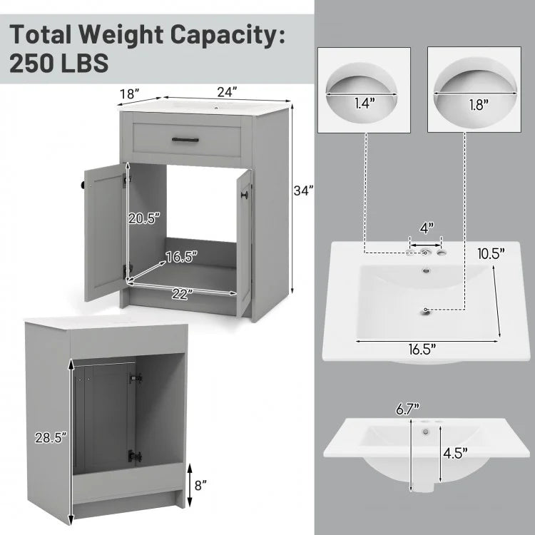 24-Inch Bathroom Vanity Unit with Ceramic Basin, Freestanding Storage Cabinet with 2 Doors, Gray