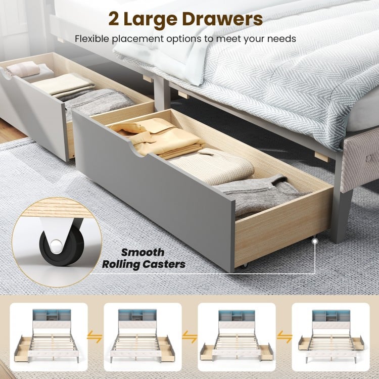Full Size Bed Frame with Bookcase Headboard and LED Lights-Gray