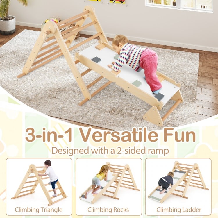 3-in-1 Pikler Triangle Climbing Set Kids Foldable Montessori Toys with Ramp-Natural