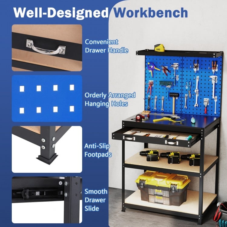 32 x 16 Inch Workbench Work Table with 2 PCs Pegboard Drawer and Shelves-Navy