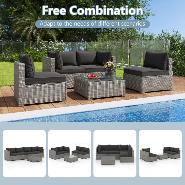 5-Piece Outdoor Patio Sectional Sofa Couch and Glass Coffee Table with Cushions-Black