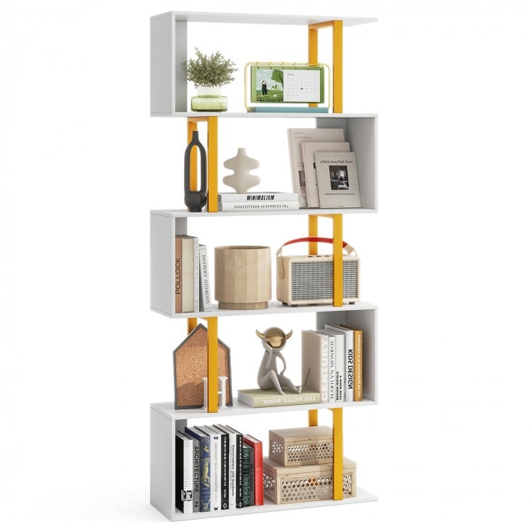 5-Tier/6-Tier Geometric Bookcase with Metal Frame and Anti-tipping Kits-5 Tier