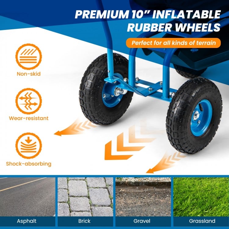 Rolling Garden Cart with Height Adjustable Swivel Seat and Storage Basket-Blue