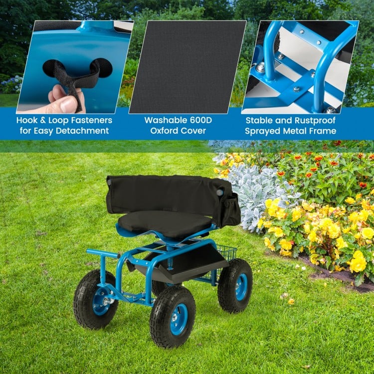 Rolling Garden Cart with Height Adjustable Swivel Seat and Storage Basket-Blue
