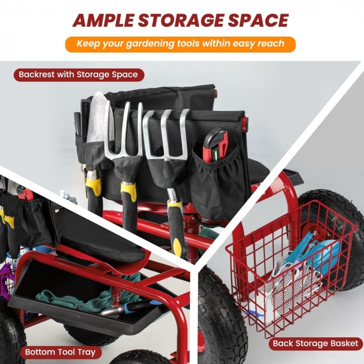 Rolling Garden Cart with Height Adjustable Swivel Seat and Storage Basket-Red