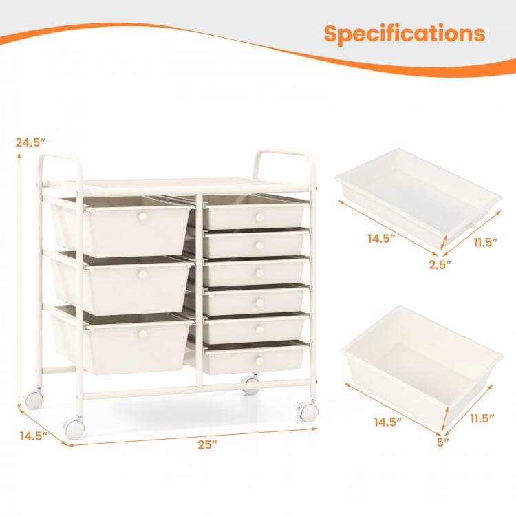 9-Drawer Rolling Storage Cart with Colorful Drawers and Metal Frame-White
