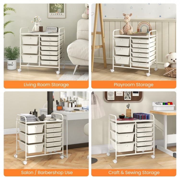 9-Drawer Rolling Storage Cart with Colorful Drawers and Metal Frame-White
