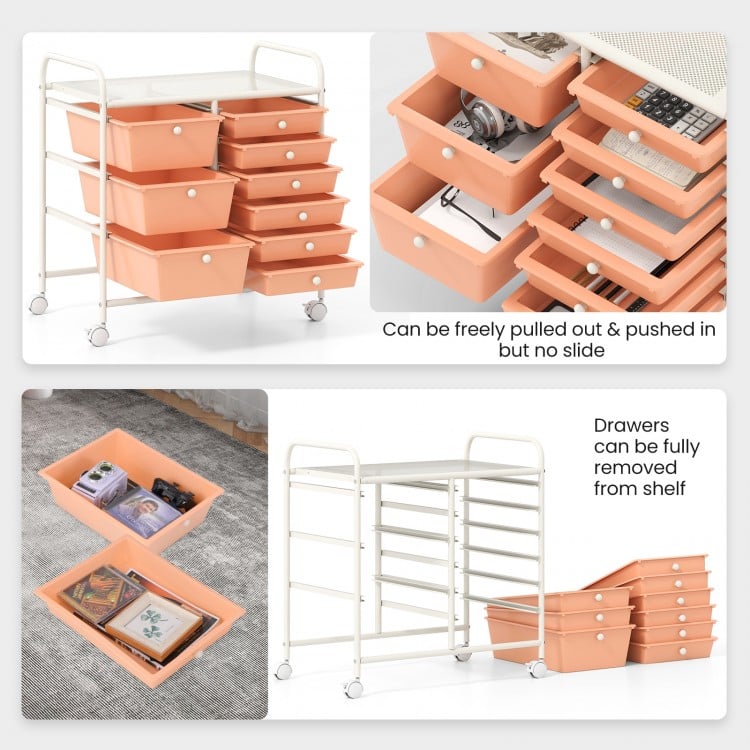 9-Drawer Rolling Storage Cart with Colorful Drawers and Metal Frame-Peach
