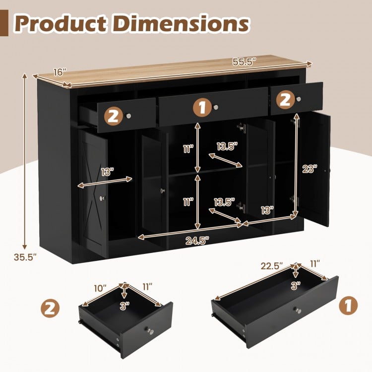 55" Large Buffet Sideboard Kitchen Storage Cabinet with 3 Drawers 2 See-through Doors Adjustable Shelves Wine Bar Table-Black