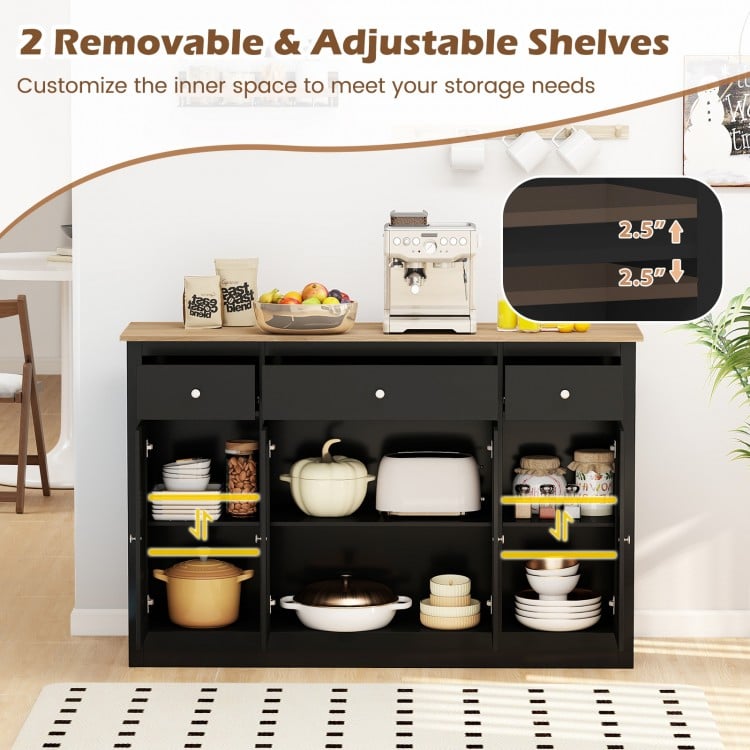 55" Large Buffet Sideboard Kitchen Storage Cabinet with 3 Drawers 2 See-through Doors Adjustable Shelves Wine Bar Table-Black