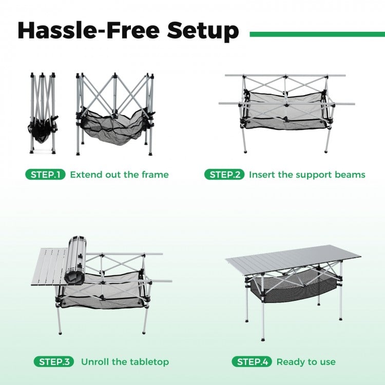 Patio Folding Camping Table with Roll-up Tabletop and Mesh Basket-Silver