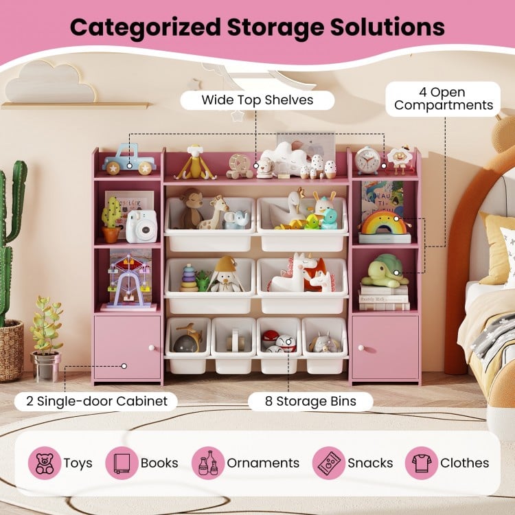 56 inch Large Toy Storage Organizer with 8 Removable Bins and Bookshelf-Pink