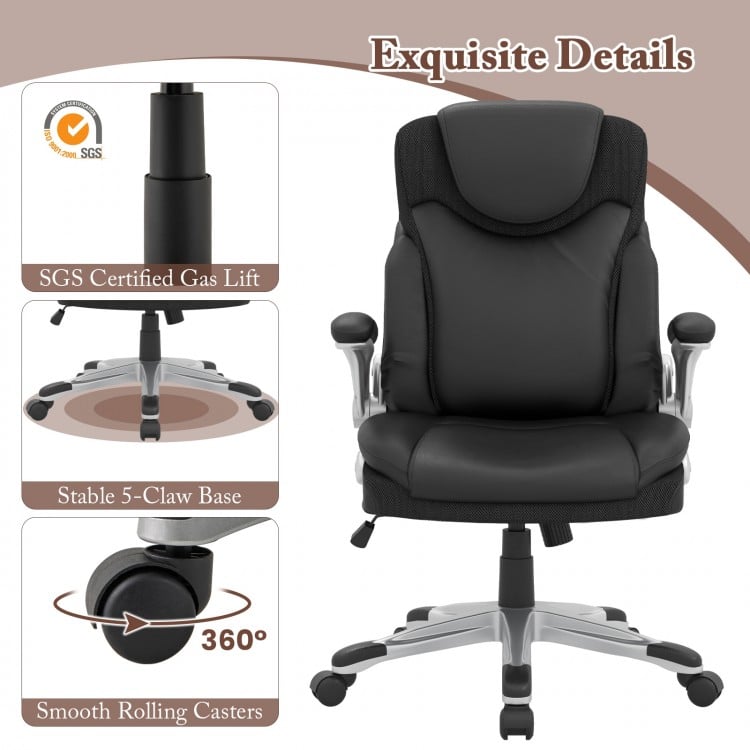 Ergonomic Office PU Leather Executive Chair with Flip-up Armrests and Rocking Function-Black