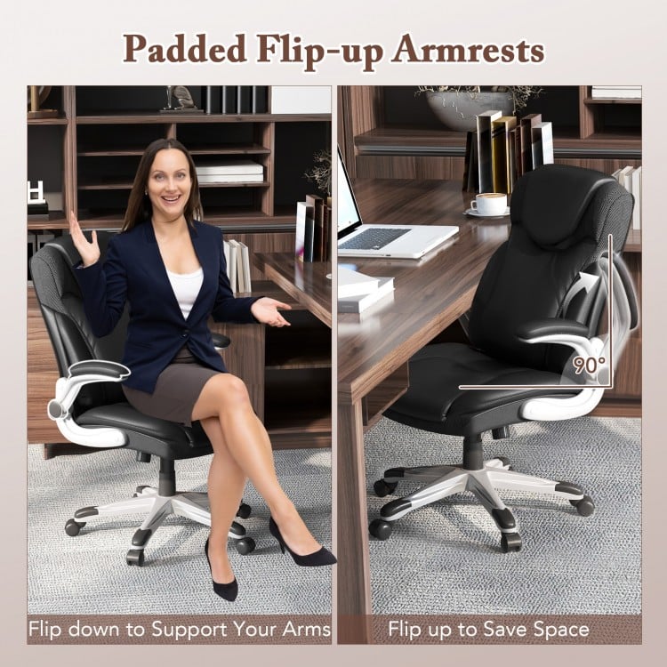 Ergonomic Office PU Leather Executive Chair with Flip-up Armrests and Rocking Function-Black