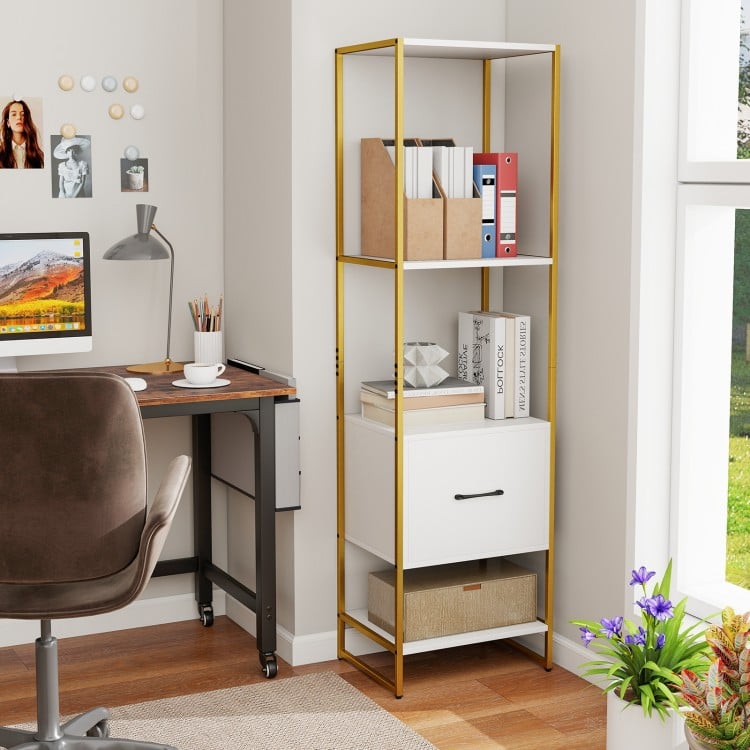 5-Tier Narrow Bookcase with 4 Open Shelves and Storage Drawer-White