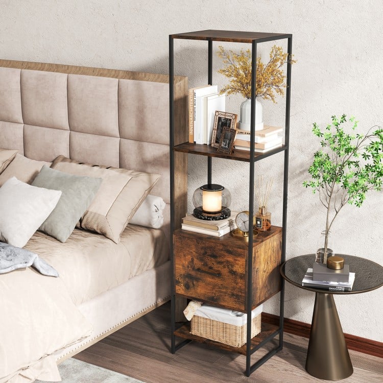 5-Tier Narrow Bookcase with 4 Open Shelves and Storage Drawer-Rustic Brown