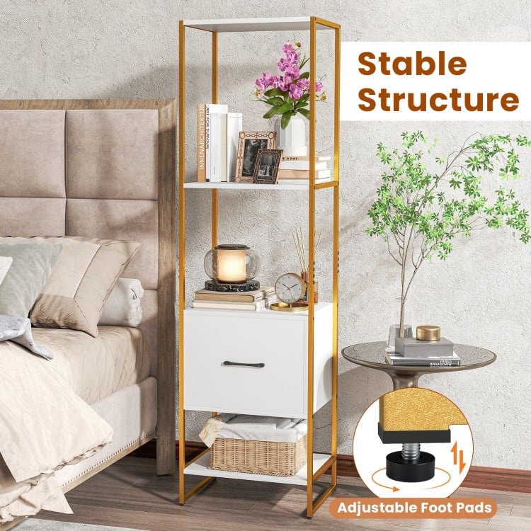 5-Tier Narrow Bookcase with 4 Open Shelves and Storage Drawer-White