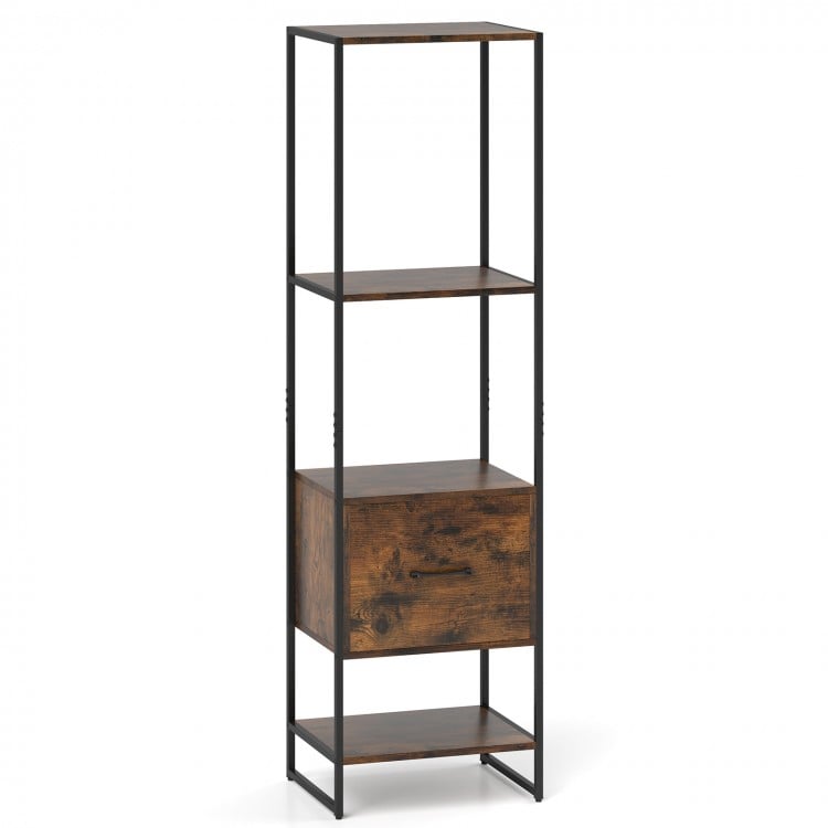 5-Tier Narrow Bookcase with 4 Open Shelves and Storage Drawer-Rustic Brown