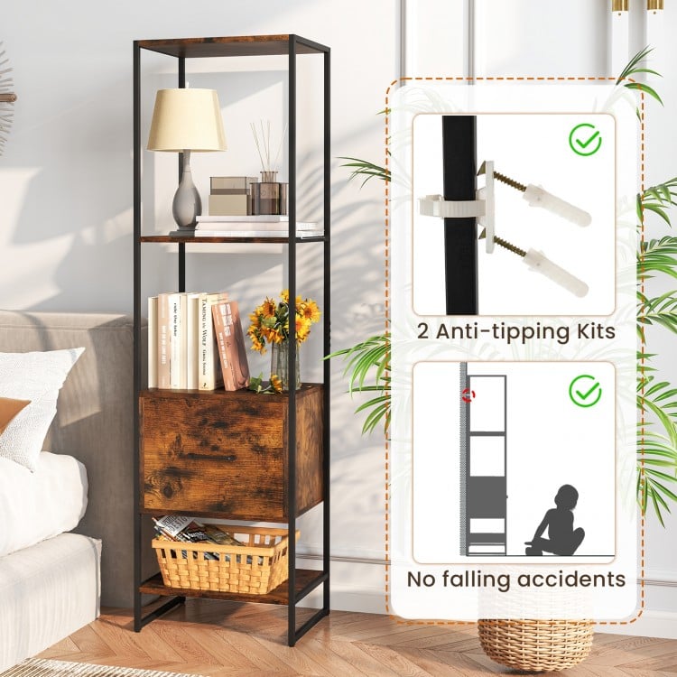 5-Tier Narrow Bookcase with 4 Open Shelves and Storage Drawer-Rustic Brown
