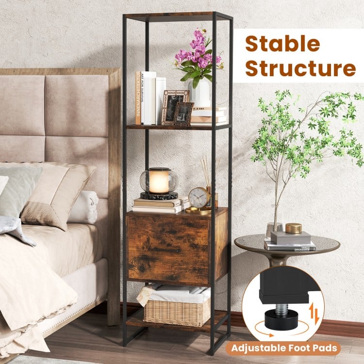 5-Tier Narrow Bookcase with 4 Open Shelves and Storage Drawer-Rustic Brown