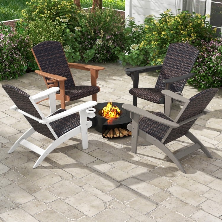 Patio Adirondack Chair with Rattan Padded Seat and Hidden Cupholder-White
