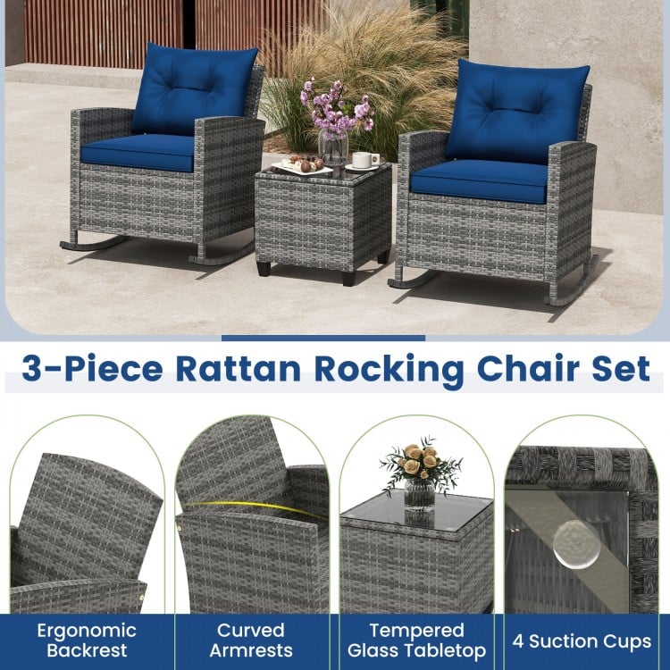 3-Piece Patio Rattan Roker Chairs with Tempered Glass Table and Soft Cushions-Dark Blue