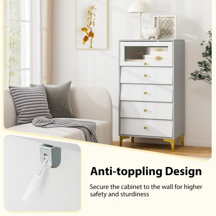 4 Drawer Modern Storage Cabinet with Flip Up Fluted Glass Door-Gray and White