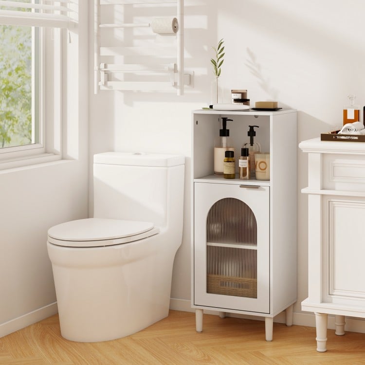 Bathroom Floor Cabinet Wood Side Storage Organizer with Adjustable Shelf-White
