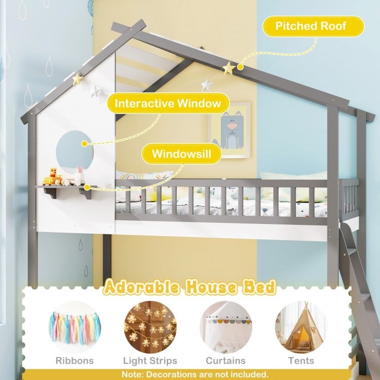 Twin over Twin House Bunk Bed with Roof and Guardrails for Kids-White & Gray