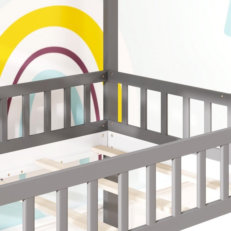 Twin over Twin House Bunk Bed with Roof and Guardrails for Kids-White & Gray
