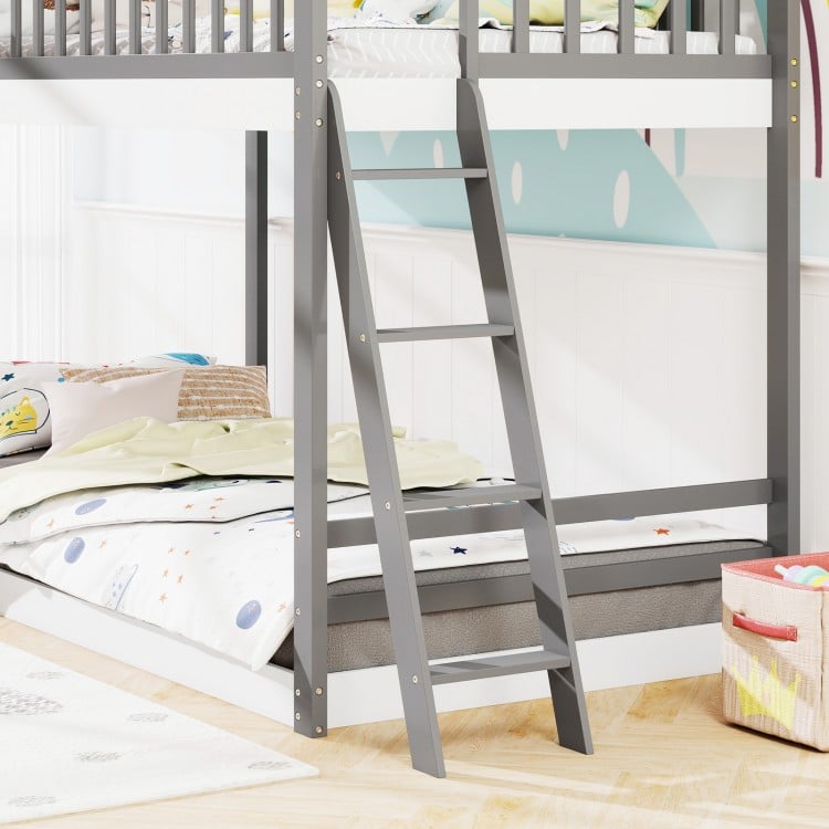 Twin over Twin House Bunk Bed with Roof and Guardrails for Kids-White & Gray
