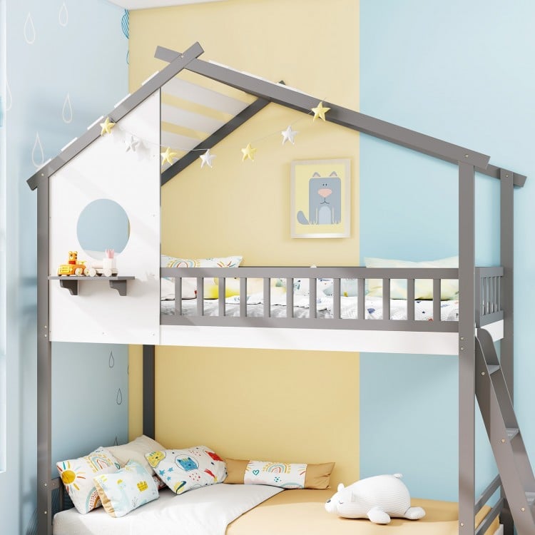 Twin over Twin House Bunk Bed with Roof and Guardrails for Kids-White & Gray