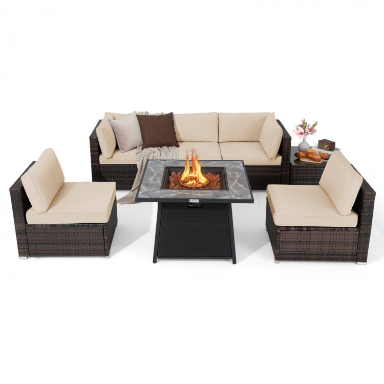 7 Pieces Patio Furniture Set with 35 Inches 50000 BTU Propane Gas Fire Pit Table and Waterproof Cover for Firpit-Red
