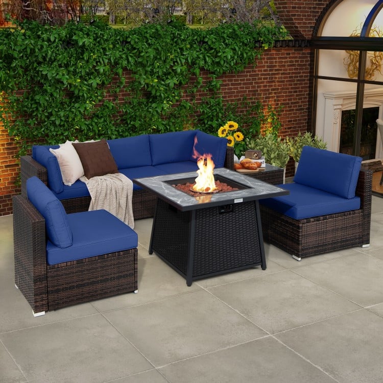 7 Pieces Patio Furniture Set with 35 Inches 50000 BTU Propane Gas Fire Pit Table and Waterproof Cover for Firpit-Red
