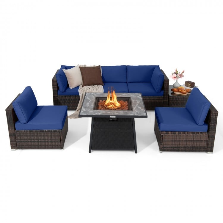7 Pieces Patio Furniture Set with 35 Inches 50000 BTU Propane Gas Fire Pit Table and Waterproof Cover for Firpit-Red