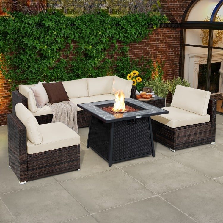 7 Pieces Patio Furniture Set with 35 Inches 50000 BTU Propane Gas Fire Pit Table and Waterproof Cover for Firpit-Red