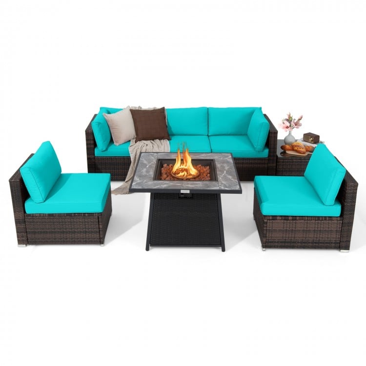 7 Pieces Patio Furniture Set with 35 Inches 50000 BTU Propane Gas Fire Pit Table and Waterproof Cover for Firpit-Red