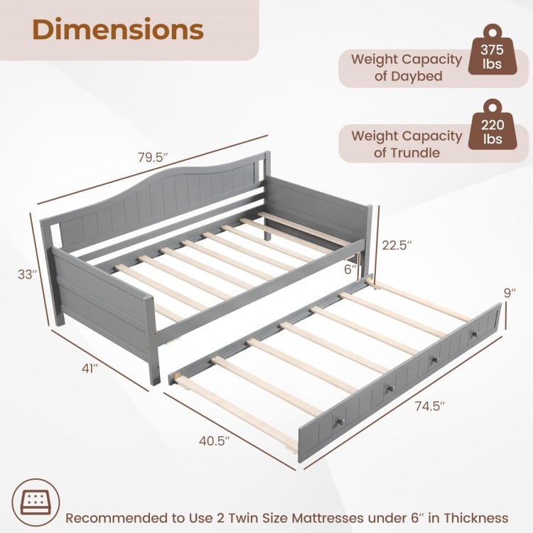 Twin Size Daybed with Trundle and Slats Support on Wheels-Gray