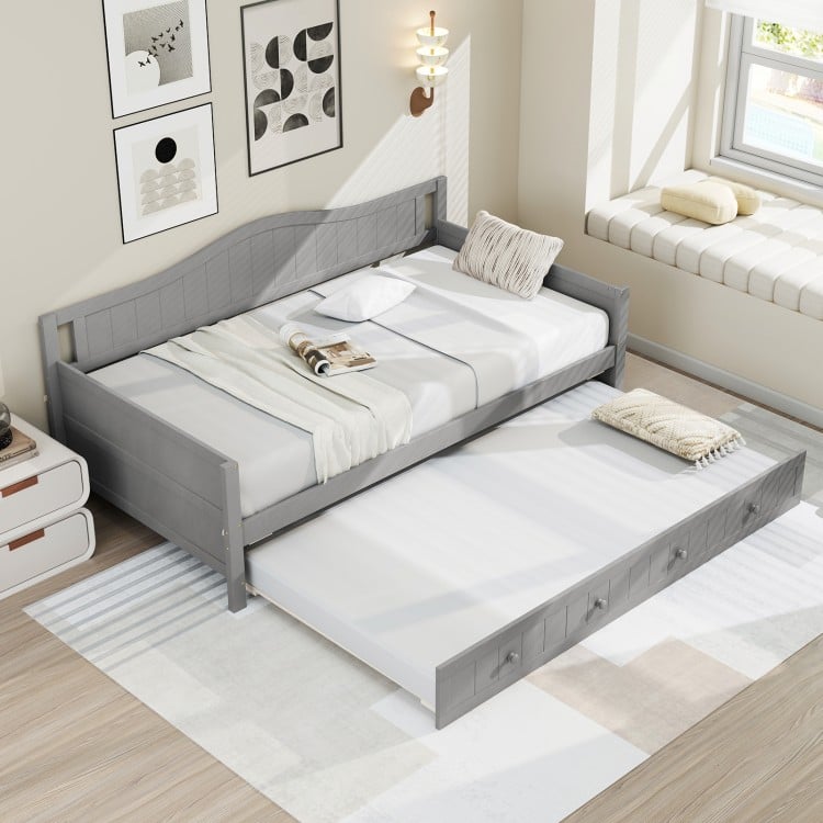 Twin Size Daybed with Trundle and Slats Support on Wheels-Gray