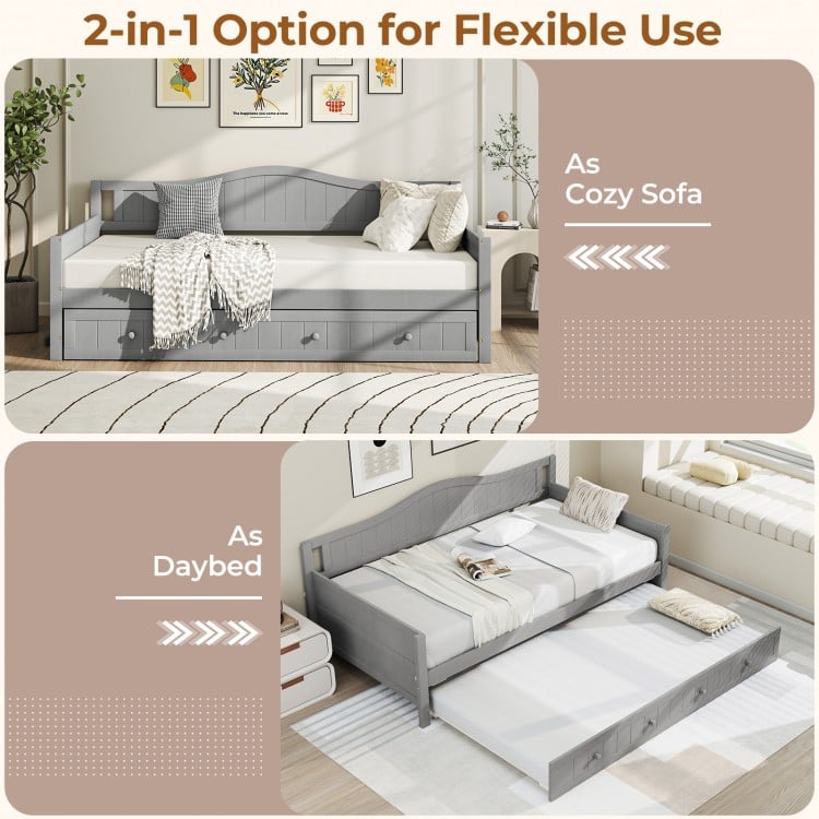 Twin Size Daybed with Trundle and Slats Support on Wheels-Gray