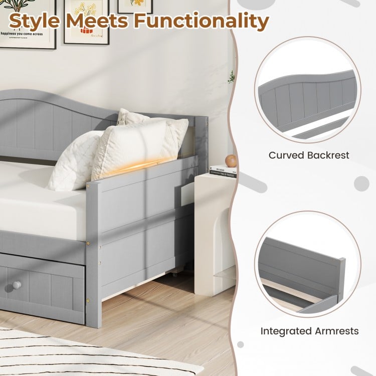 Twin Size Daybed with Trundle and Slats Support on Wheels-Gray