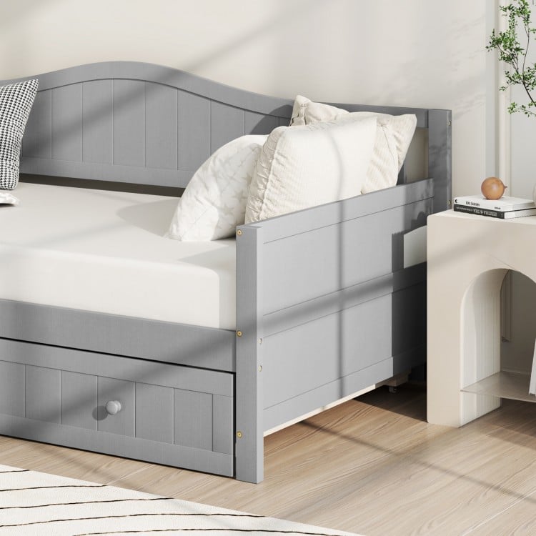 Twin Size Daybed with Trundle and Slats Support on Wheels-Gray