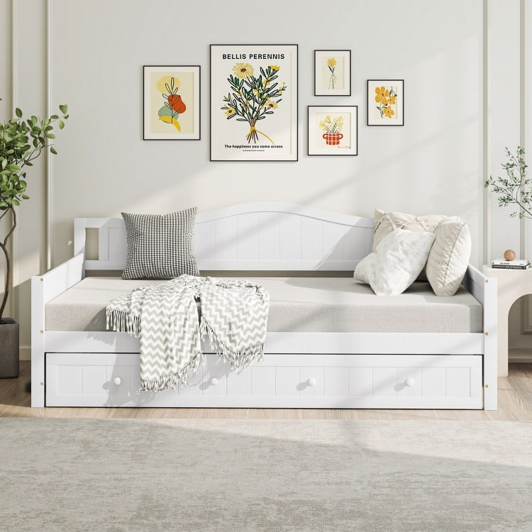 Twin Size Daybed with Trundle and Slats Support on Wheels-White
