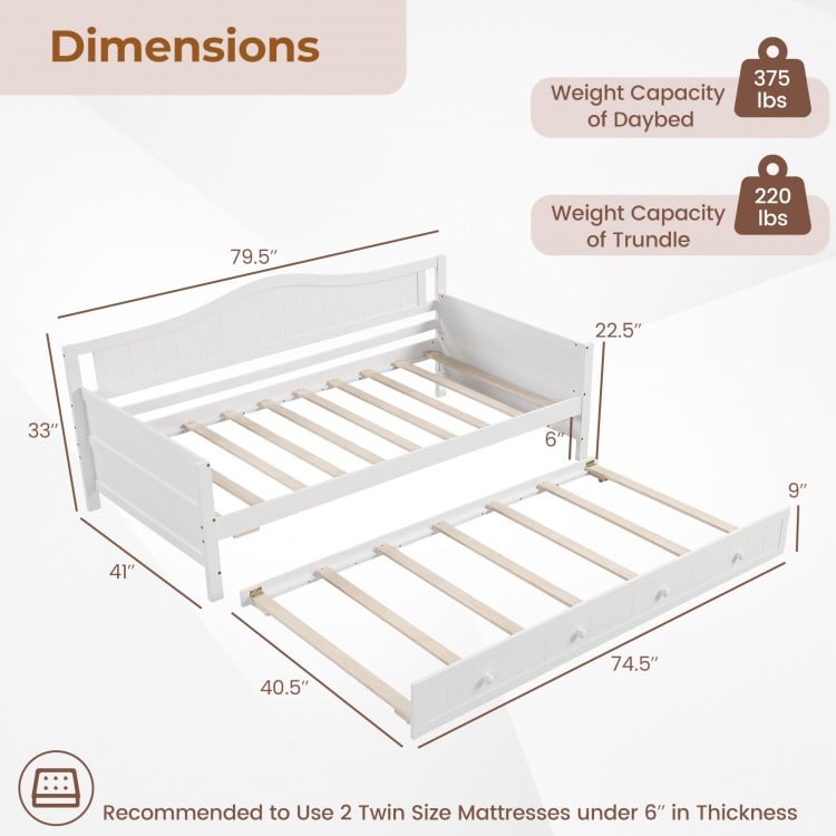 Twin Size Daybed with Trundle and Slats Support on Wheels-White
