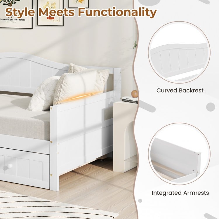 Twin Size Daybed with Trundle and Slats Support on Wheels-White
