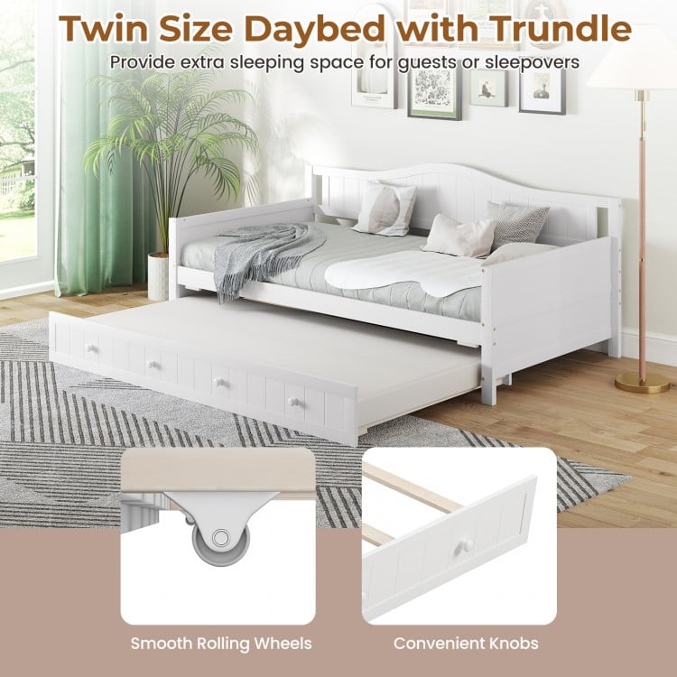 Twin Size Daybed with Trundle and Slats Support on Wheels-White